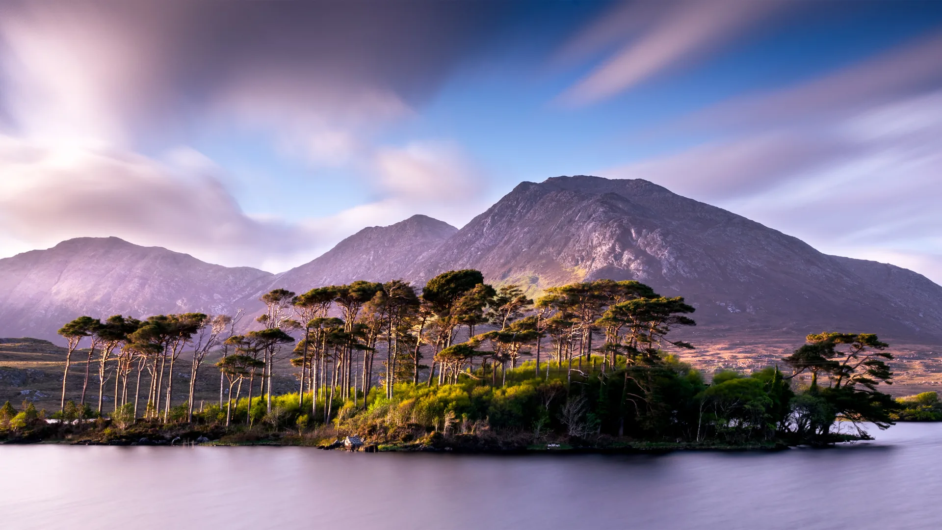 A pine-covered island on a still lake beneath rugged mountains in Connemara, County Galway